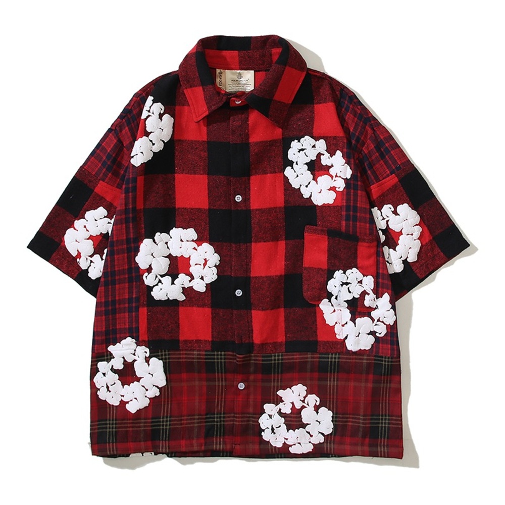 Men's Red and Black Buffalo Plaid Button-Down Shirt with White Floral Accents